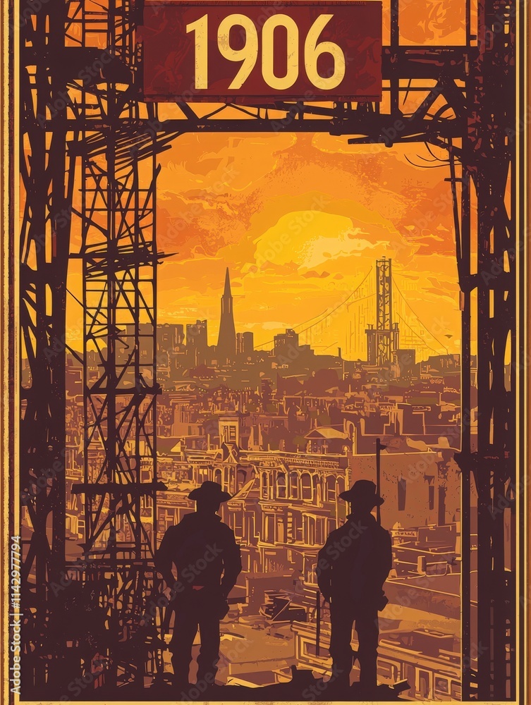Two workers stand silhouetted against a vibrant sunset, overlooking a cityscape. Buildings and a bridge are prominent, highlighting early 20th-century architecture and progress.