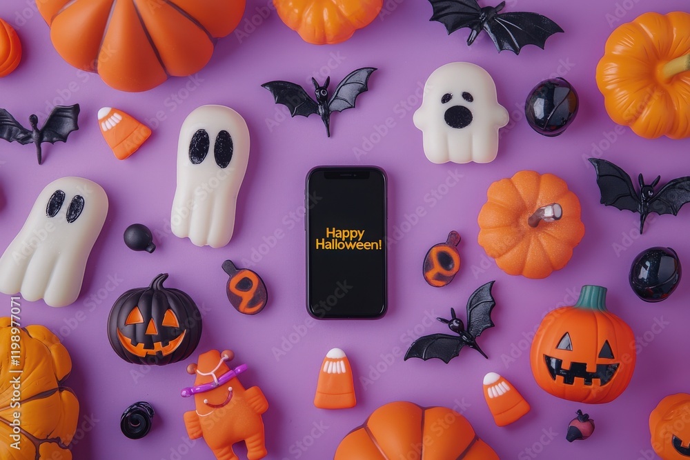 Various Halloween-themed decorations, including pumpkins, bats, and ghosts, surround a smartphone that displays a cheerful Halloween message against a vibrant purple background.
