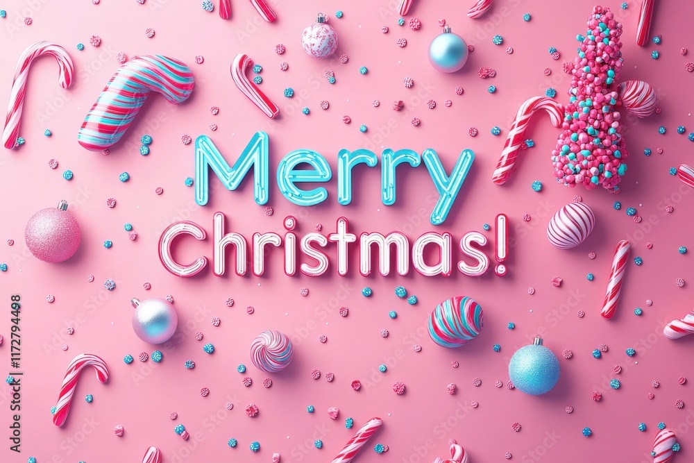 Various colorful candies, ornaments, and festive decorations are scattered on a pink surface, celebrating the joy of Christmas. The cheerful arrangement highlights a holiday spirit.