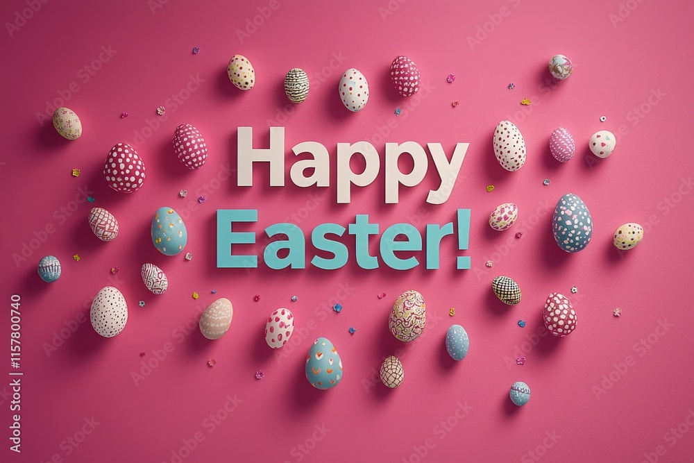 Various decorated Easter eggs are arranged on a bright pink background with a cheerful greeting. The festive display captures the spirit of the holiday in a playful and colorful way.