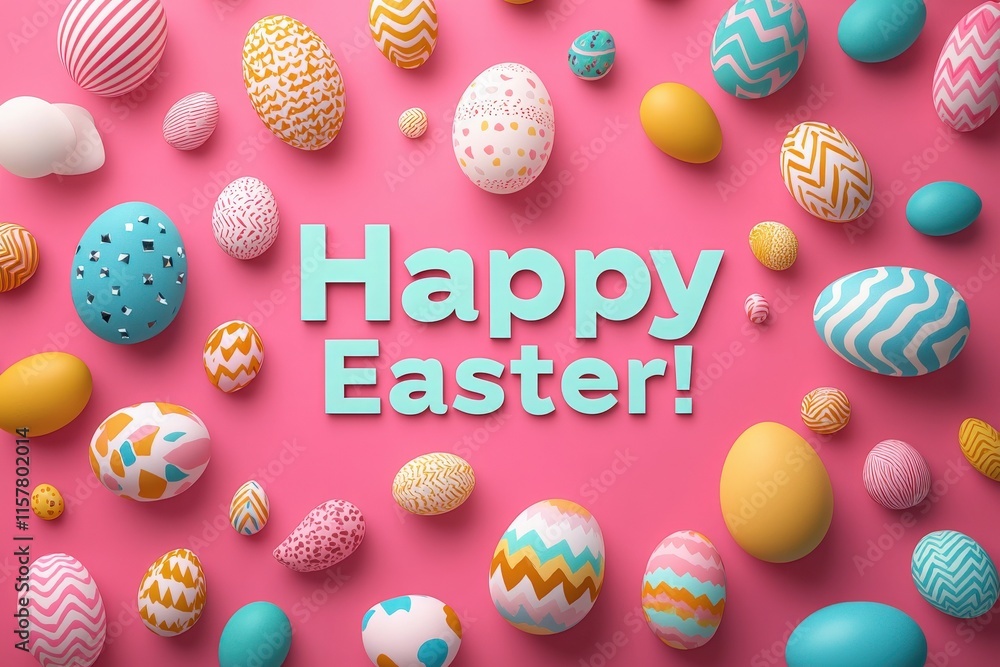Various decorated Easter eggs are spread across a bright pink surface, creating a festive and joyful atmosphere. The warm colors and unique patterns celebrate the Easter holiday.
