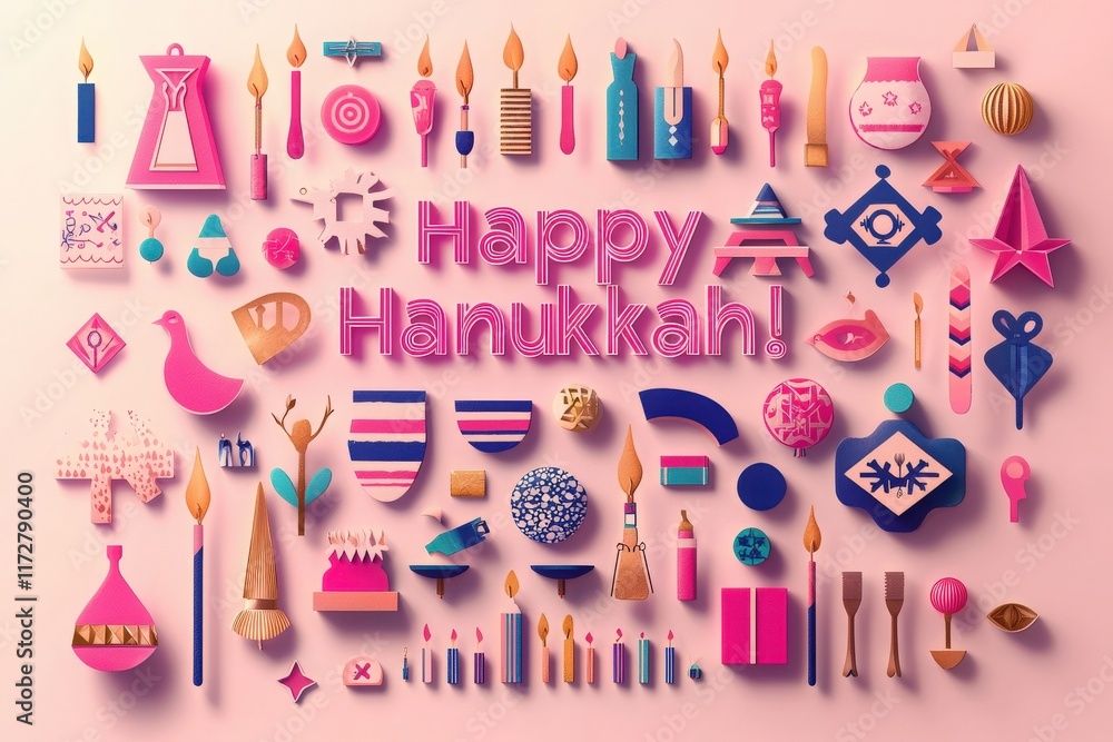 Various festive Hanukkah items are artfully displayed on a pink background. Symbols include candles, dreidels, and star motifs, conveying a joyful holiday spirit.