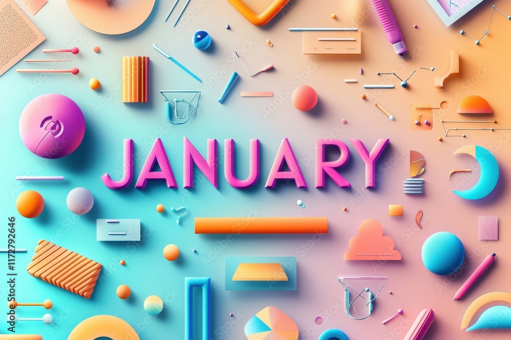 Various geometric shapes and colorful objects surround the word January, creating a lively and playful arrangement. The background features a smooth gradient transitioning from blue to pink.