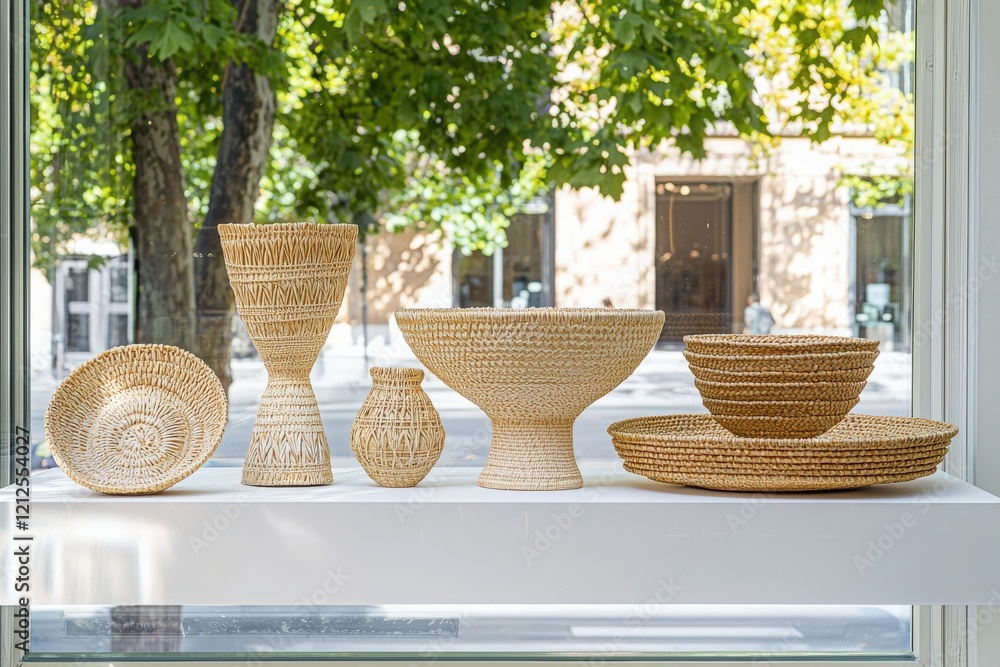 Various intricately crafted woven baskets are showcased on a shelf in a well-lit shop window. Sunlight highlights their textures, while leafy trees provide a vibrant backdrop.