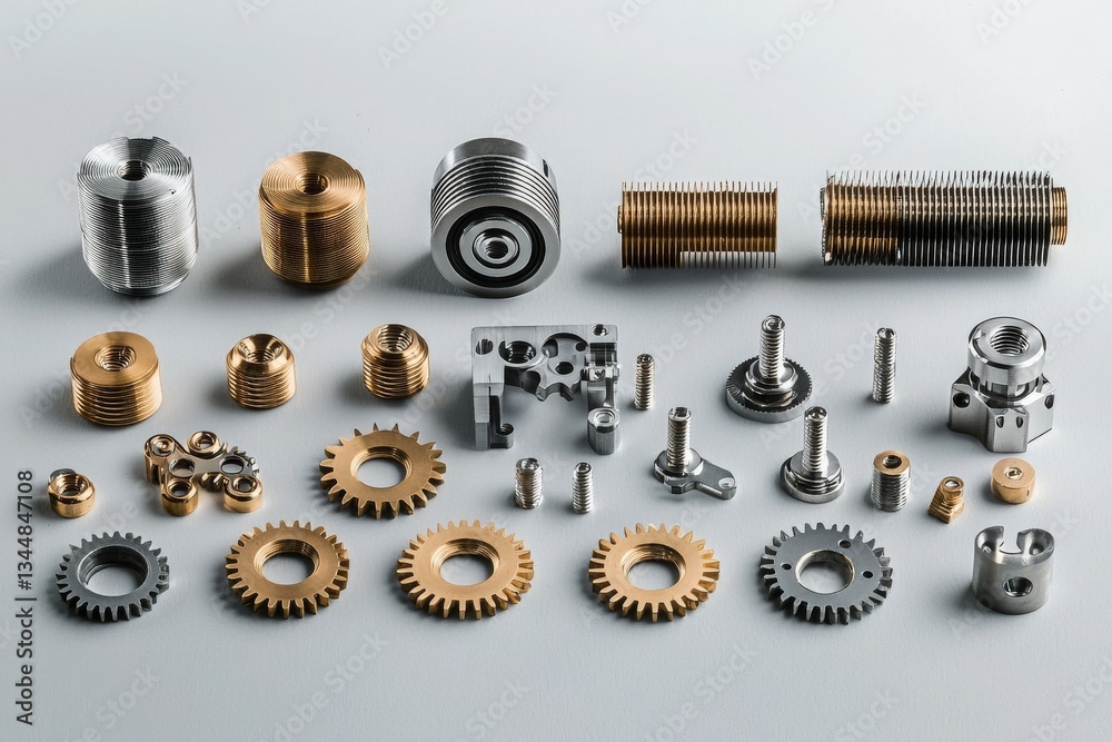 Various metallic components are arranged visually appealing, highlighting their intricate designs and engineering precision.