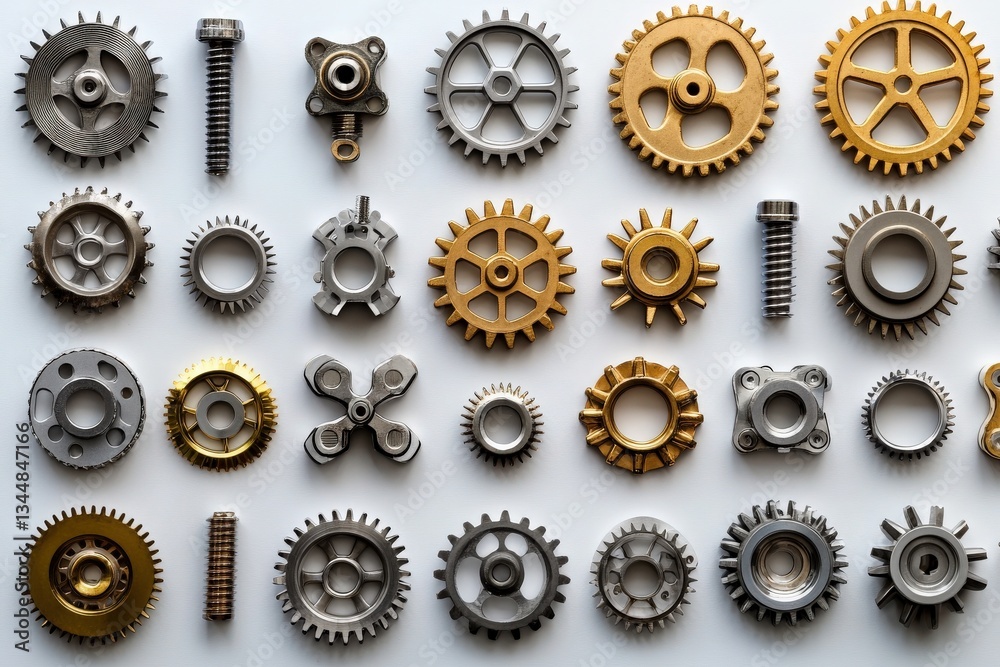 Various metallic gears and mechanical components are meticulously arranged on a smooth surface. The arrangement includes different sizes and finishes, creating an industrial aesthetic.