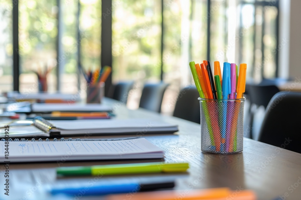 Various pens and markers in vibrant colors are arranged in a metal holder on a wooden table. A notebook and papers are placed near the stationery in a bright, contemporary workspace.