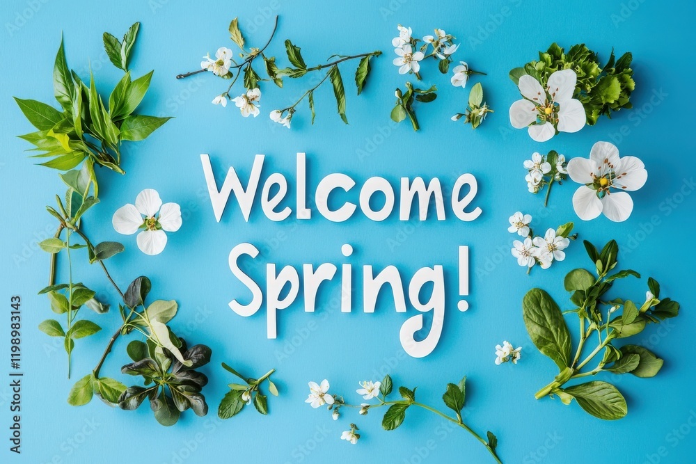 Various spring flowers and green herbs are beautifully arranged around the welcoming message, celebrating the arrival of spring on a vibrant blue background. The layout enhances the joyful theme.