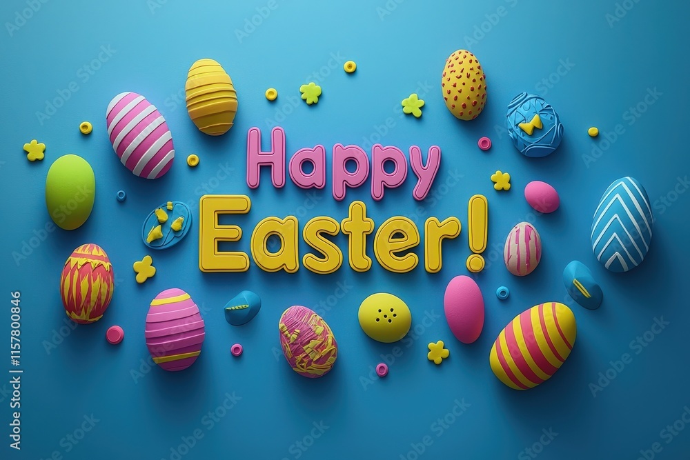 Various vibrant Easter eggs in multiple designs surround the cheerful greeting wishing a happy Easter, set against a bright blue background, creating a festive and playful atmosphere.