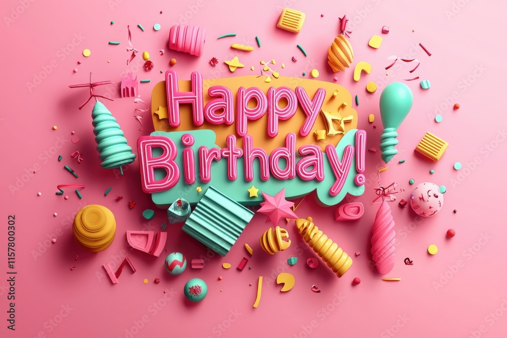 Various vibrant decorations are arranged artfully on a pink background. The cheerful message wishes a happy birthday with playful colors and shapes, creating a festive atmosphere.