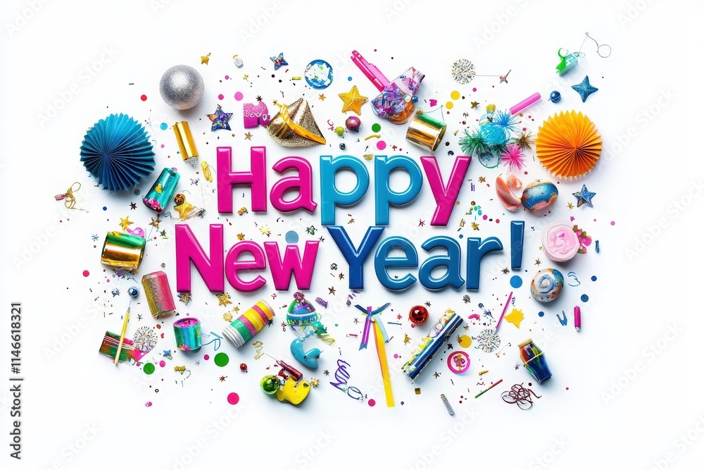 Various vibrant decorations symbolize the excitement of celebrating the New Year. Items include streamers, confetti, and party favors, creating a joyful atmosphere for festivities.