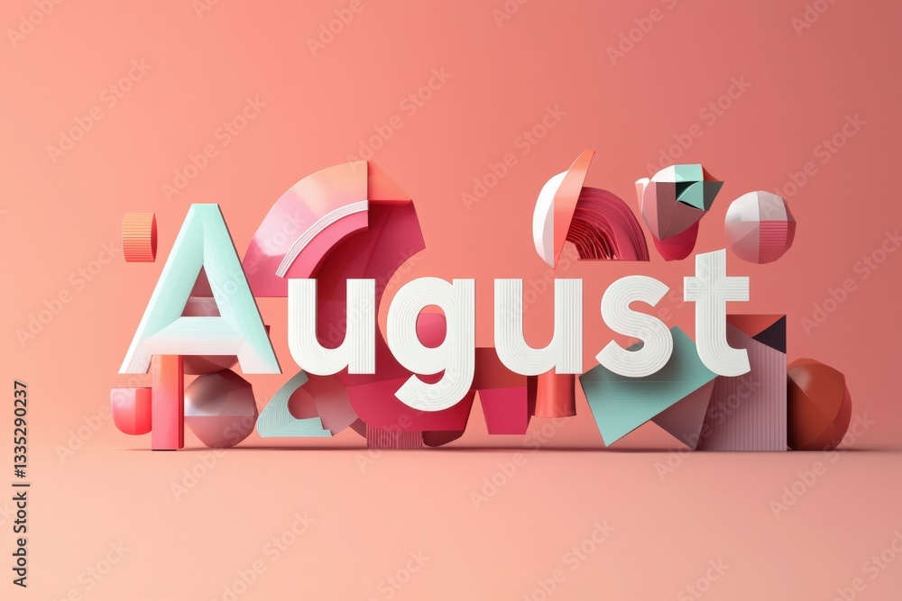 Vibrant 3D letters spelling out August are surrounded by dynamic abstract shapes in pastel hues. The composition combines playful forms and textures, creating a lively atmosphere.