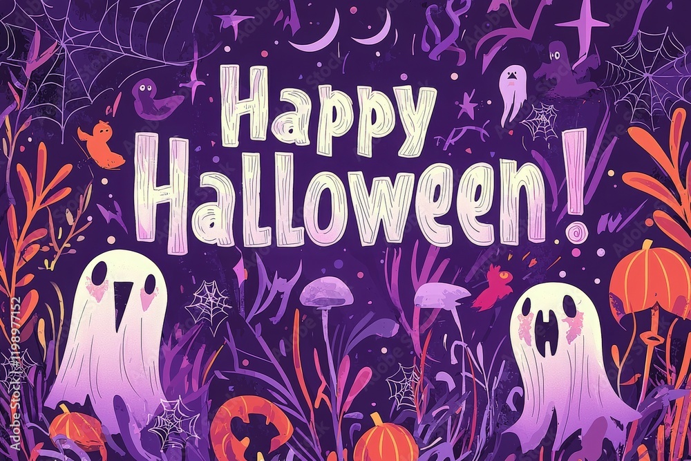 Vibrant Halloween artwork features playful ghosts among colorful pumpkins, mushrooms, and various spooky elements. The background showcases purple hues, capturing the festive spirit of the holiday.