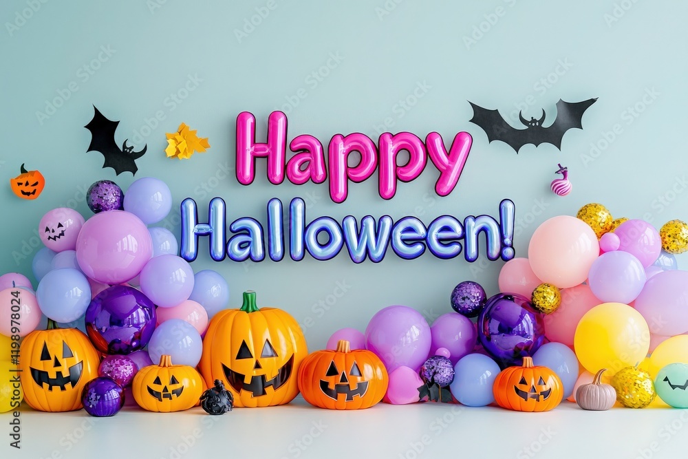 Vibrant Halloween decorations feature orange pumpkins with faces, colorful balloons in shades of purple and pink, and cheerful bats on a light blue wall, creating a festive atmosphere.