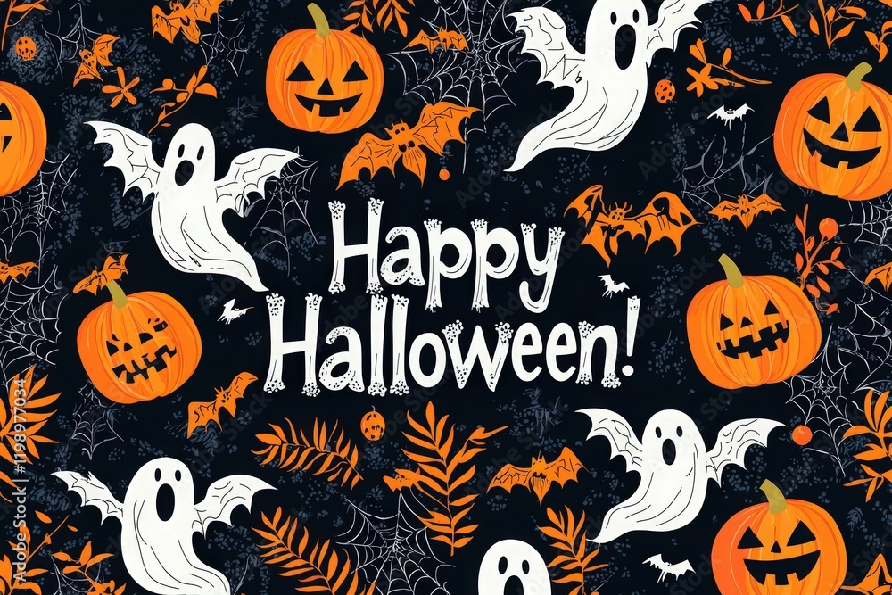 Vibrant Halloween decorations showcase playful ghosts, carved pumpkins, and bats against a dark backdrop, creating an enchanting and spooky atmosphere perfect for the festive season.