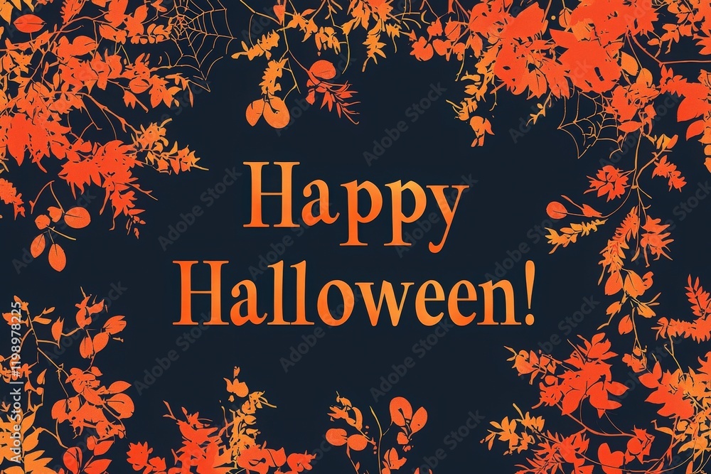 Vibrant Halloween greeting features the words Happy Halloween surrounded by orange autumn leaves and spiderwebs, creating a festive atmosphere for the holiday celebration.