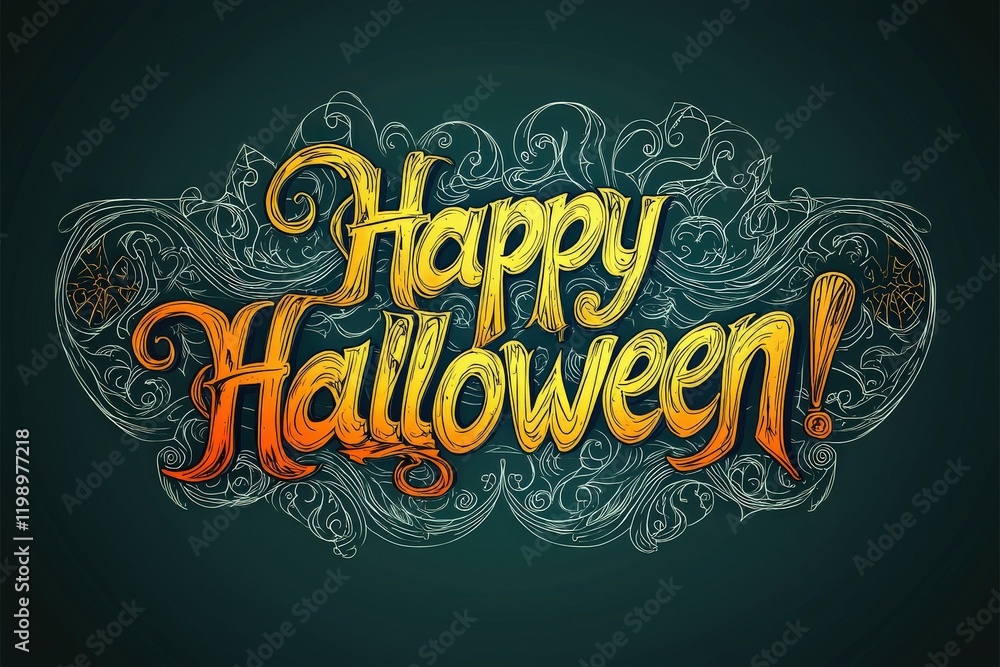 Vibrant Halloween text features swirling designs in orange and yellow against a dark green background, conveying festive cheer and excitement for the spooky season.