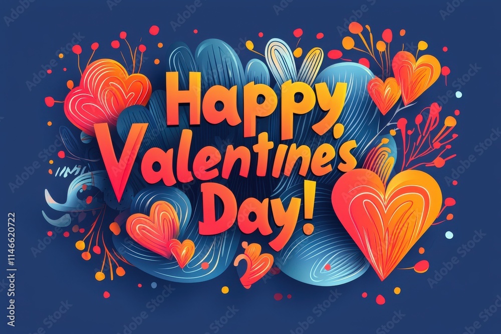 Vibrant Valentines Day greeting features bold lettering and artistic heart shapes amidst flowing designs. The background showcases a playful mix of colors and decorative elements.