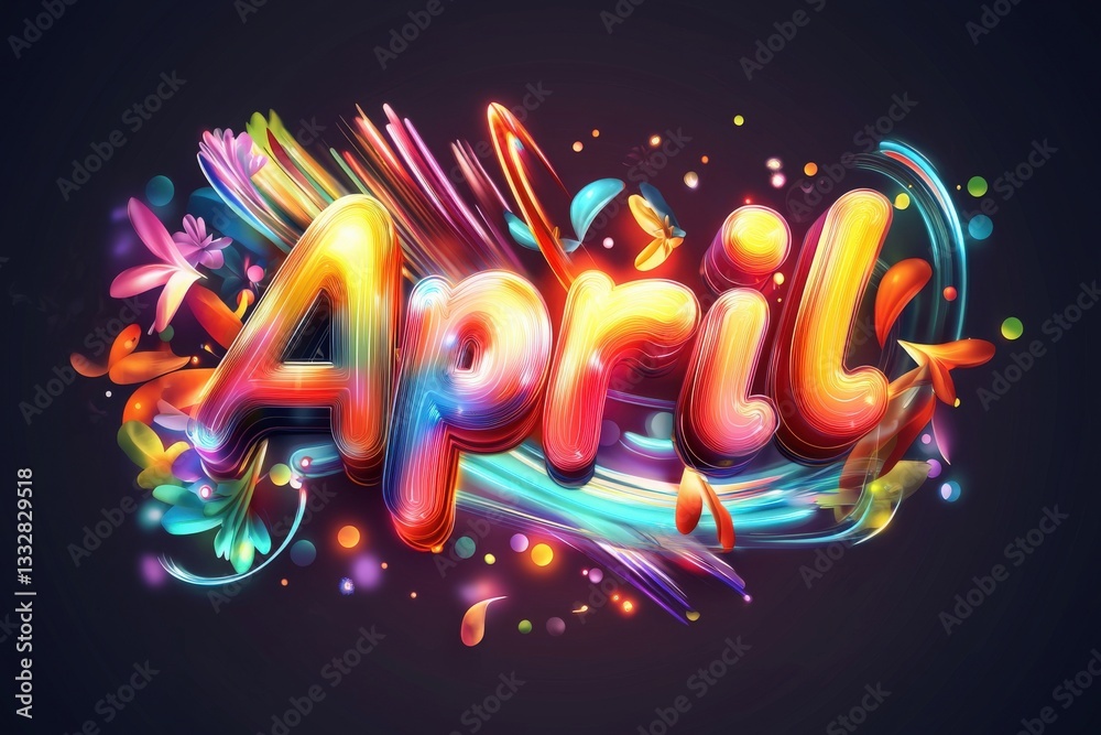 Vibrant and artistic representation of April featuring bright colors and dynamic designs. The letters are adorned with colorful splashes and floral motifs, symbolizing renewal and energy.