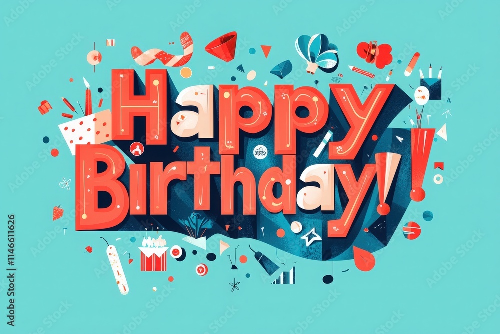 Vibrant and cheerful birthday decorations fill the background, showcasing the phrase Happy Birthday in bold letters surrounded by playful elements, perfect for a birthday celebration.