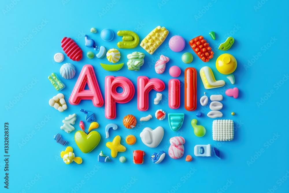 Vibrant and cheerful decorations with various shapes and colors create the word April on a bright blue background, showcasing a playful and festive atmosphere perfect for spring celebrations.