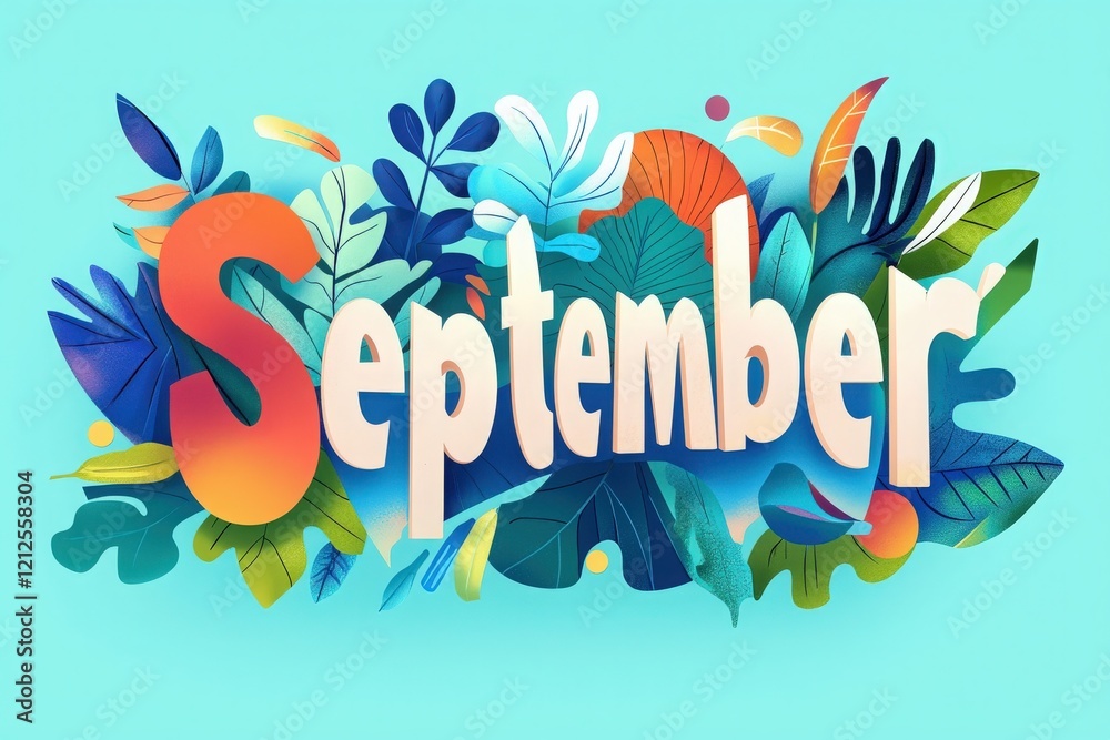 Vibrant and colorful design featuring the word September surrounded by various plants and leaves. The artwork showcases a lively and artistic representation of early autumn.
