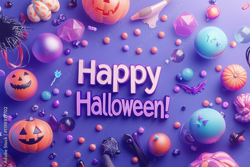 Vibrant and playful Halloween decorations fill the space, featuring pumpkins, bats, and colorful ornaments. The cheerful display highlights the spirit of Halloween festivities and fun.