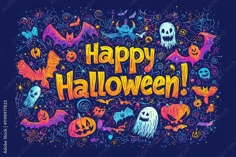 Vibrant and playful Halloween design features ghosts, bats, pumpkins, and spooky creatures on a dark background, creating a festive atmosphere perfect for the holiday.
