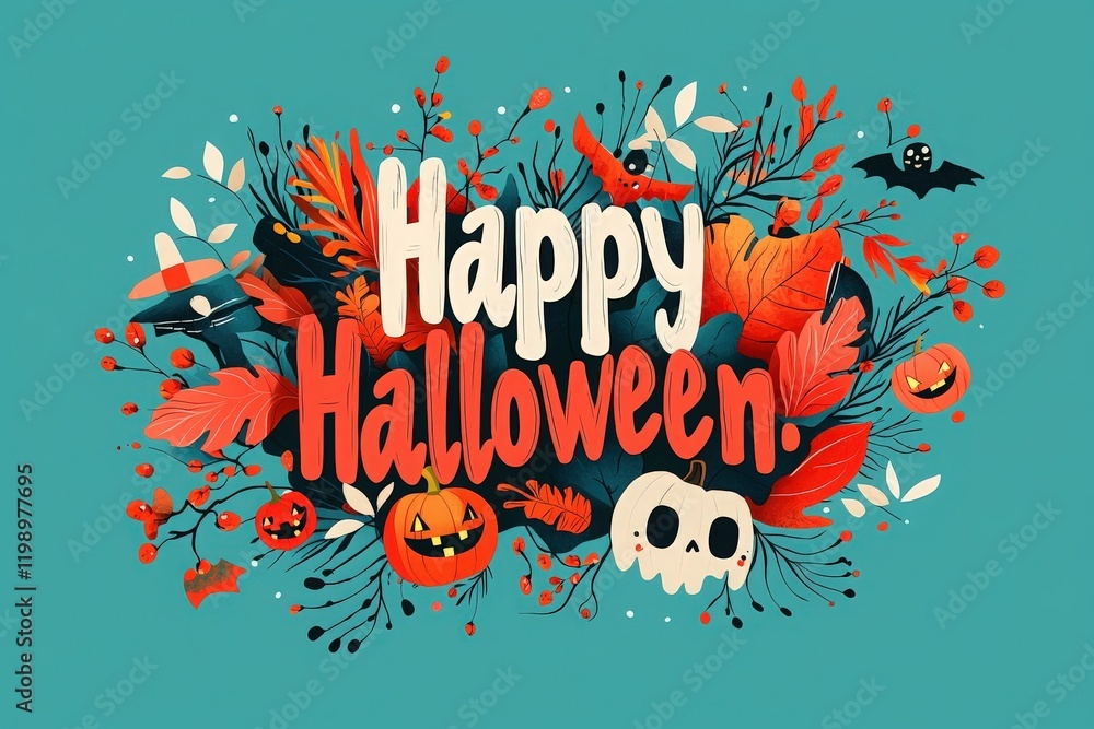 Vibrant arrangement featuring pumpkins, a skull, and autumn leaves decorated with bats and spooky elements. Perfect for setting a cheerful Halloween mood.