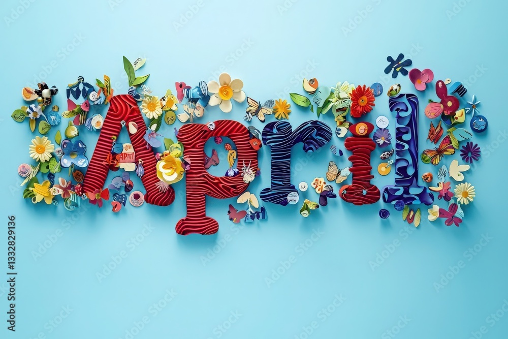 Vibrant arrangement of the word April crafted from various colorful materials, surrounded by flowers and artistic embellishments on a light blue backdrop, creating a cheerful spring atmosphere.