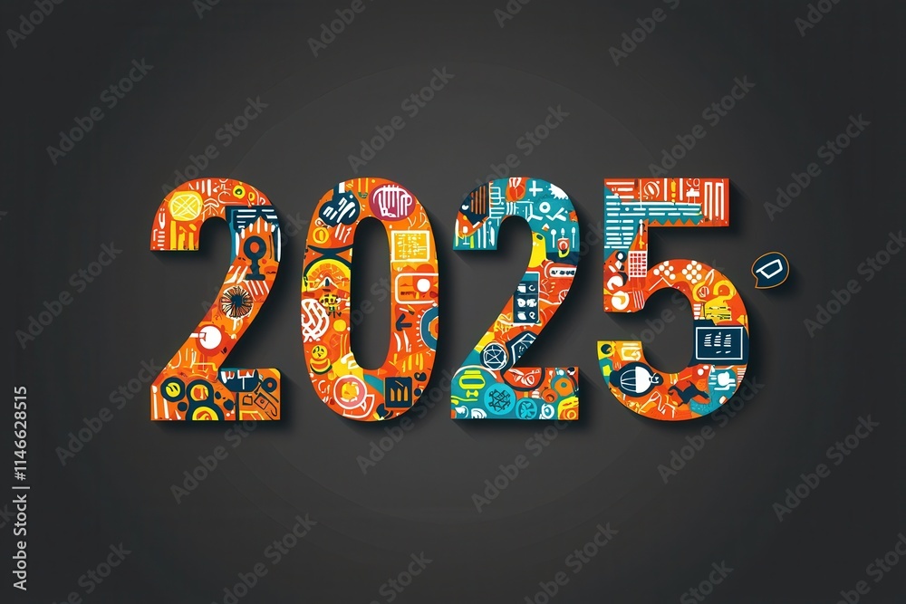 Vibrant artwork features the number 2025 filled with various creative icons like gears and paintbrushes against a dark background. This design symbolizes innovation and creativity.