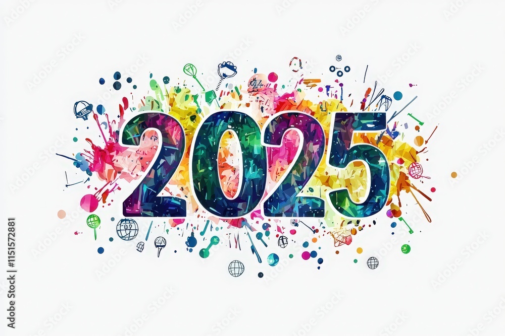 Vibrant artwork showcases the year 2025, featuring splashes of color and icons symbolizing technology, creativity, and progress. The design reflects a modern and dynamic future vision.