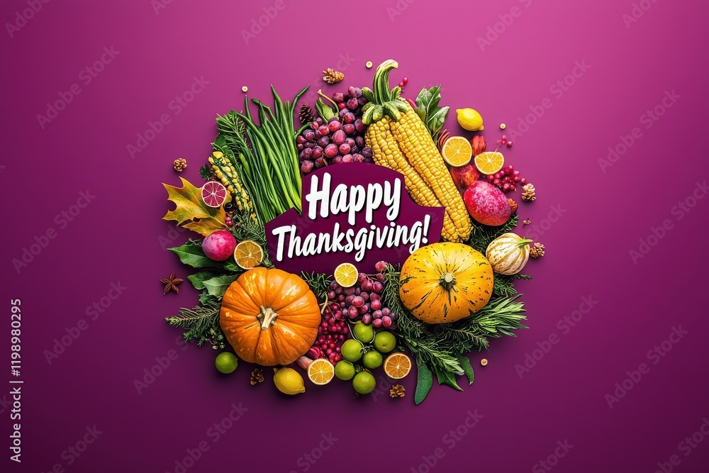 Vibrant assortment of seasonal fruits and vegetables arranged creatively on a purple background, highlighting the festive spirit of Thanksgiving.