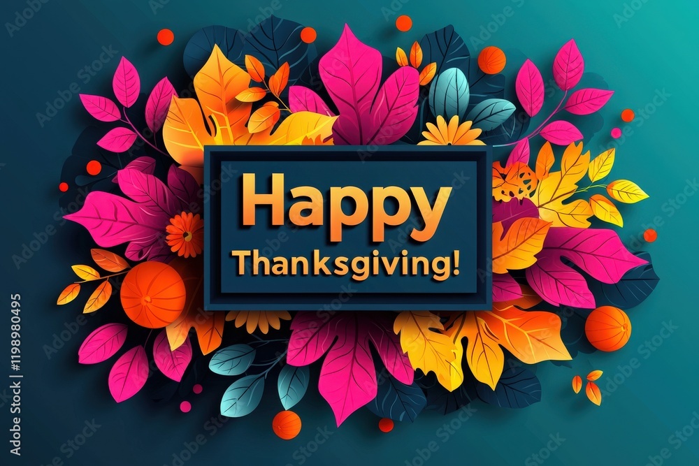 Vibrant autumn leaves surround a cheerful greeting wishing everyone a Happy Thanksgiving. The warm colors reflect the spirit of the season, enhancing the festive atmosphere and joy.
