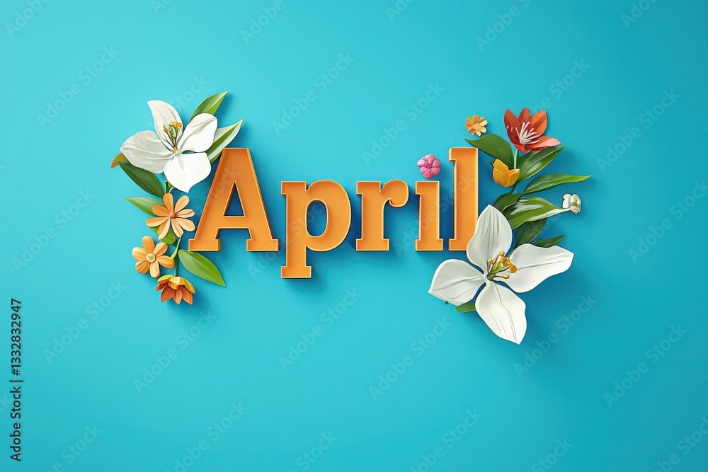 Vibrant colors highlight the word April, surrounded by colorful flowers and green leaves. The artistic composition captures the essence of spring and renewal in this lively display.