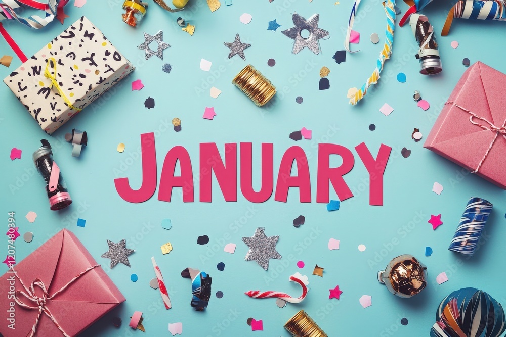 Vibrant decorations are scattered around a cheerful January centerpiece. The scene features colorful gifts, confetti, and festive elements to welcome the new month joyfully.