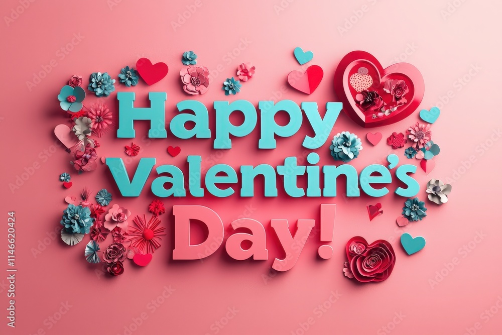 Vibrant decorations displaying a festive message for Valentines Day, featuring hearts, flowers, and colorful details arranged against a pink backdrop. Ideal for romantic celebrations and crafts.