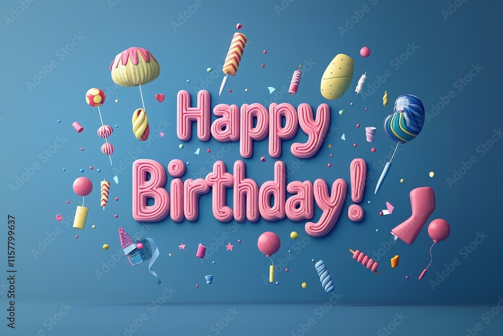 Vibrant decorations feature the phrase Happy Birthday! surrounded by playful candy illustrations, celebrating a joyful occasion with bright colors and festive items.