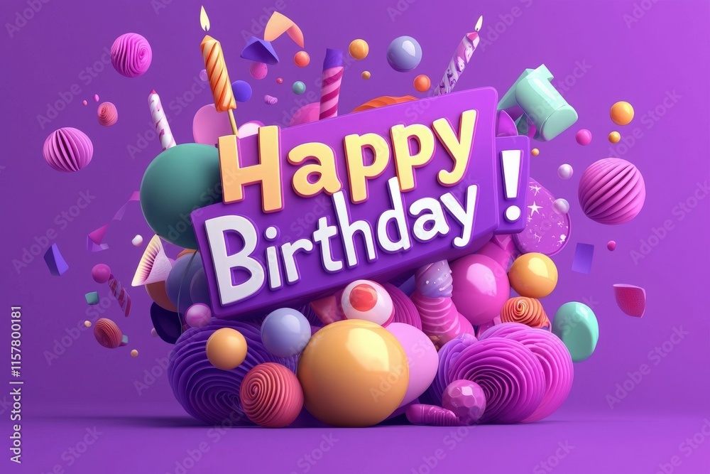 Vibrant decorations featuring balloons, party hats, and candles express joy and excitement for a birthday celebration. The bright colors and playful shapes invite fun and festivities.