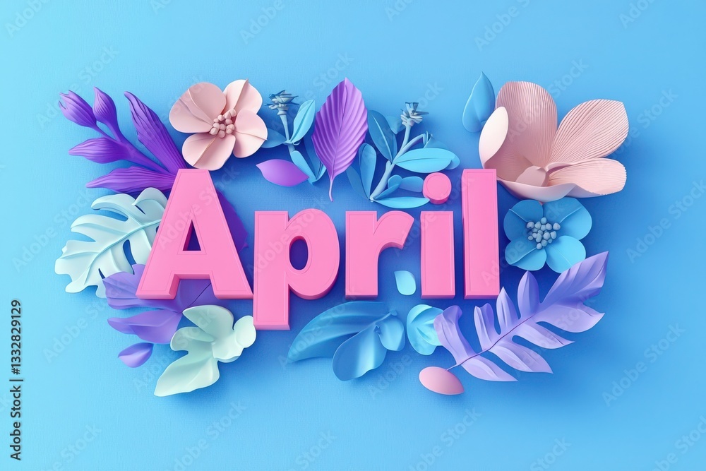 Vibrant decorations featuring the word April surrounded by pastel-colored flowers and leaves create a cheerful spring atmosphere. This design captures the essence of the seasons renewal.