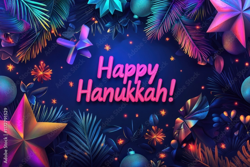 Vibrant decorations in shades of blue and purple create a festive backdrop for Hanukkah. Colorful stars and ornaments enhance the joyful spirit of this holiday season.