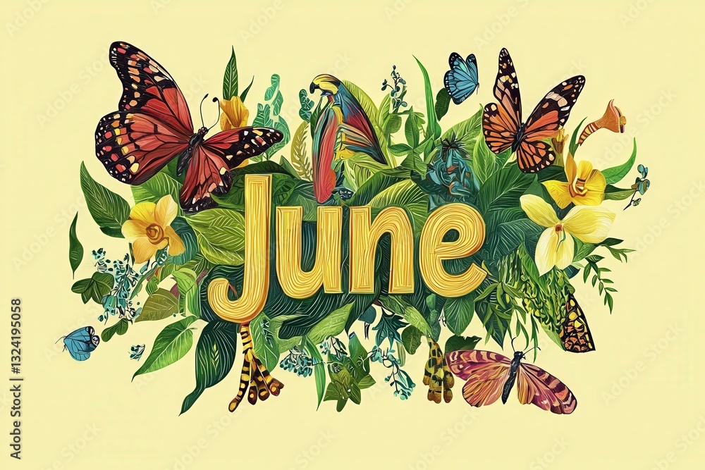 Vibrant design celebrating June with colorful butterflies and tropical plants. The artwork includes lush greenery and flowers with the word June prominently displayed, evoking a summer feel.