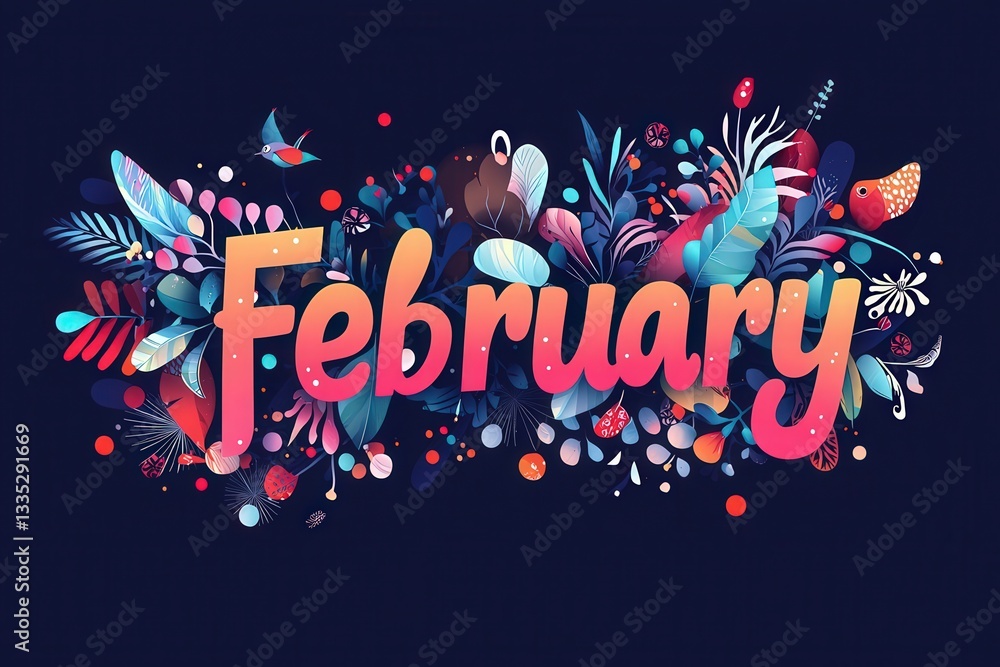 Vibrant design features the word February surrounded by colorful plants and flowers, showcasing a lively and artistic representation of the month, perfect for seasonal decor.