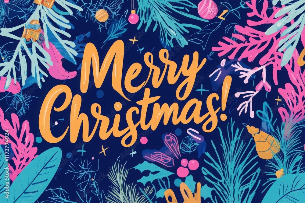 Vibrant design featuring the phrase Merry Christmas! surrounded by various holiday decorations like ornaments, holly, and pine branches. The background is deep blue, highlighting the festive colors.