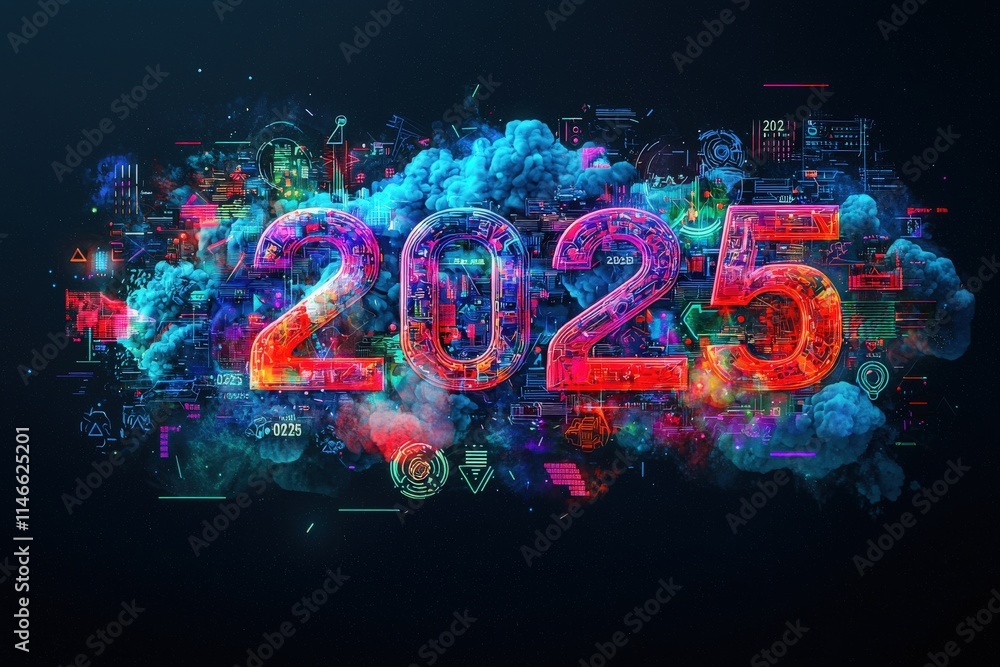 Vibrant digital art showcases the year 2025 with bold, illuminated numbers surrounded by technological symbols and colorful clouds, reflecting innovation and future possibilities.