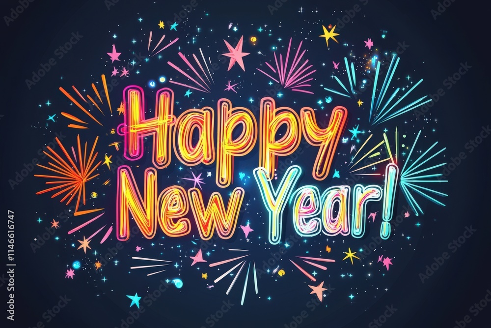 Vibrant display celebrating the New Year, featuring the text Happy New Year! surrounded by colorful fireworks and sparks against a dark backdrop. Perfect for festive occasions.