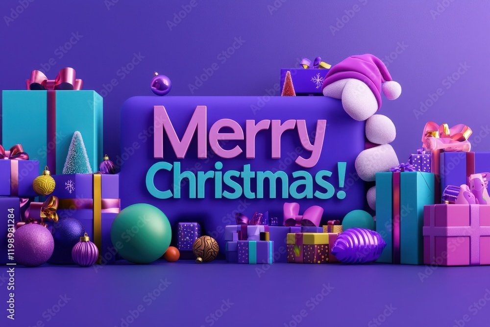 Vibrant display featuring an array of colorful gifts, ornaments, and a cheerful holiday greeting. This festive setup is perfect for celebrating the Christmas spirit with joy and excitement.
