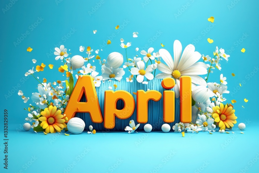 Vibrant display featuring the month April in bold letters surrounded by colorful flowers and decorative objects on a bright blue background, evoking the essence of springtime.
