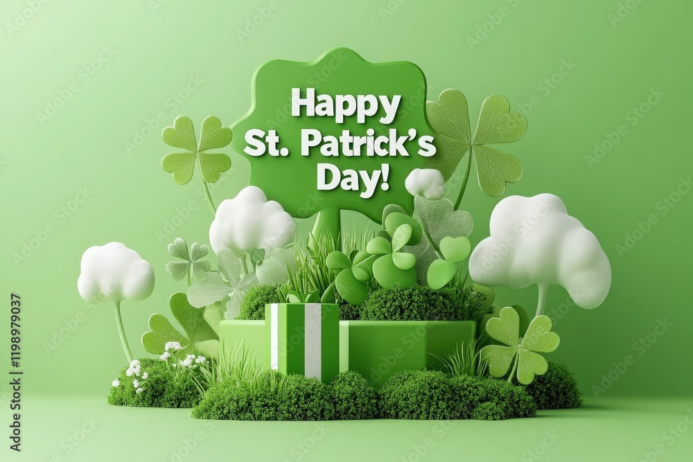 Vibrant display of St Patricks Day decorations featuring clovers, clouds, and greenery. A cheerful greeting emphasizes the festive spirit of this holiday in shades of green.