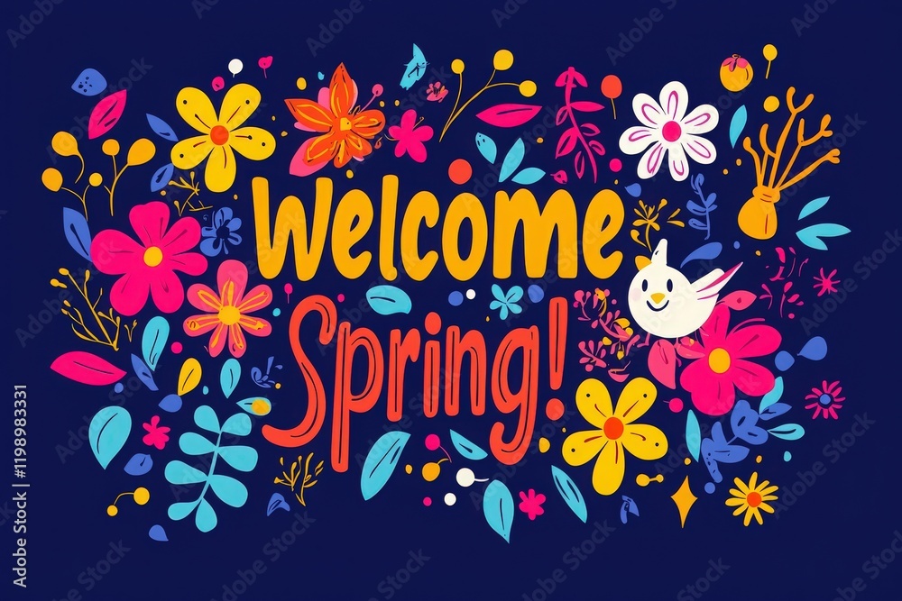 Vibrant floral design featuring a variety of flowers and leaves with playful elements celebrating the arrival of spring. The colorful artwork invites joy and renewal in the season.